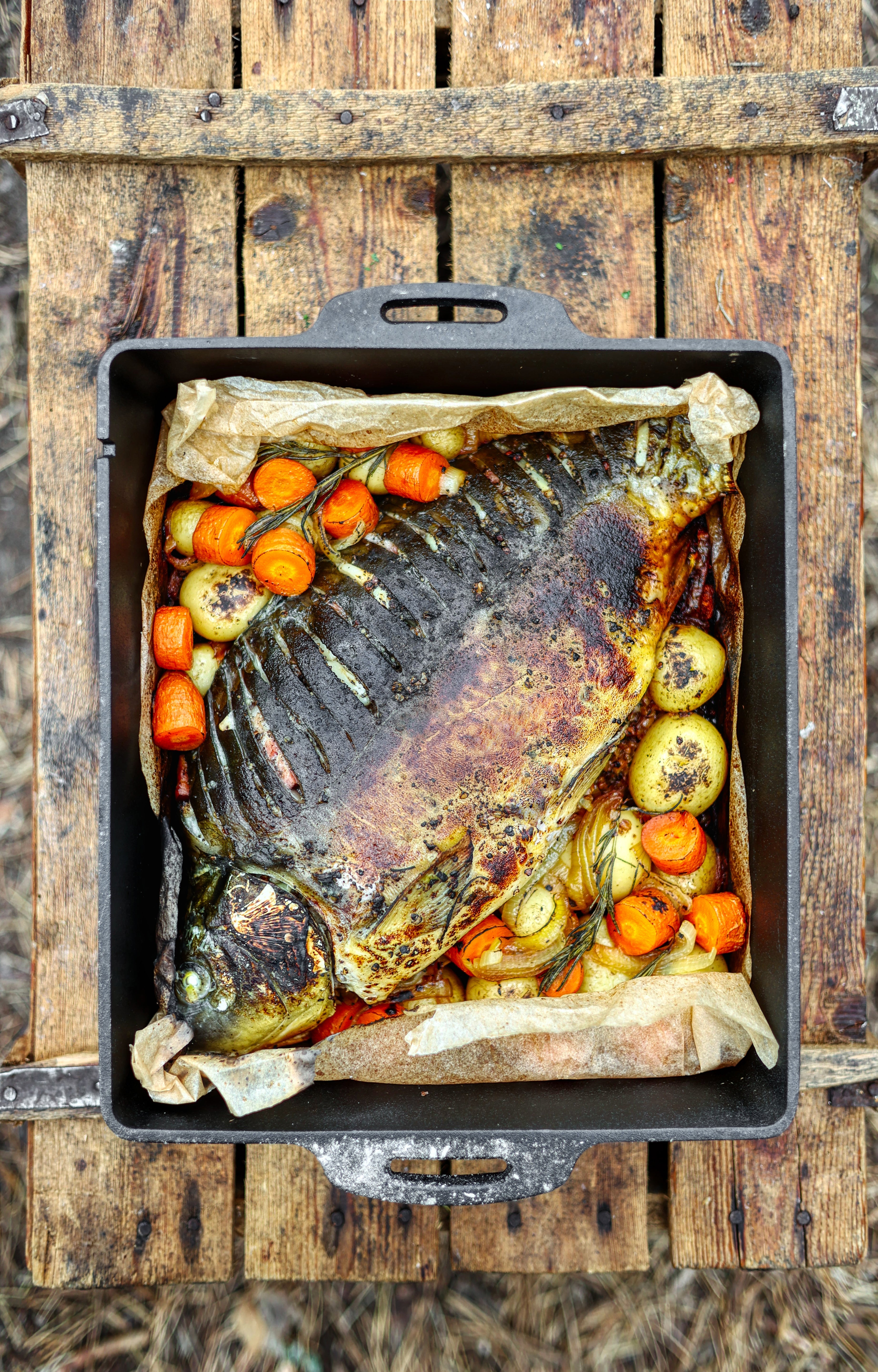 Whole Fire-Roasted Carp with Root Veggies in the K8 Loaf Pan