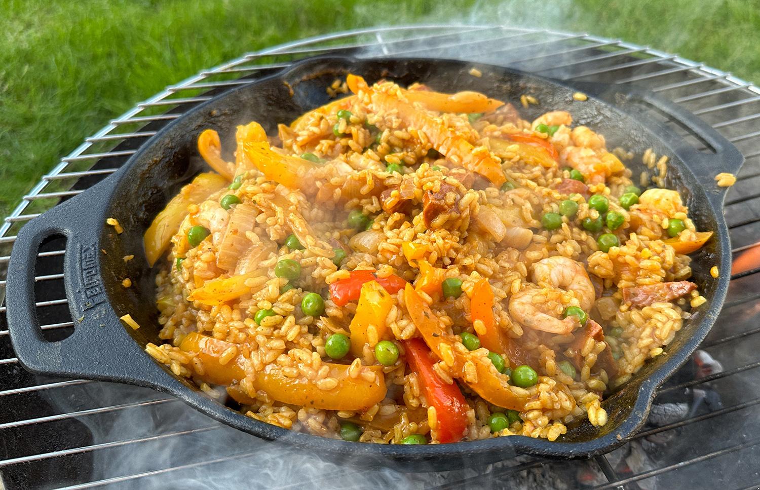 Smoky Grilled Paella with Shrimp & Chorizo on Cast Iron